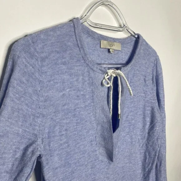 LOFT Sweater Women S Light Blue V-neck Drawstring Long Sleeve Slit Hem - Picture 3 of 11